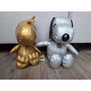 NEW Peanuts 75th Anniversary Snoopy & Woodstock Plush Set Gold Silver Metallic